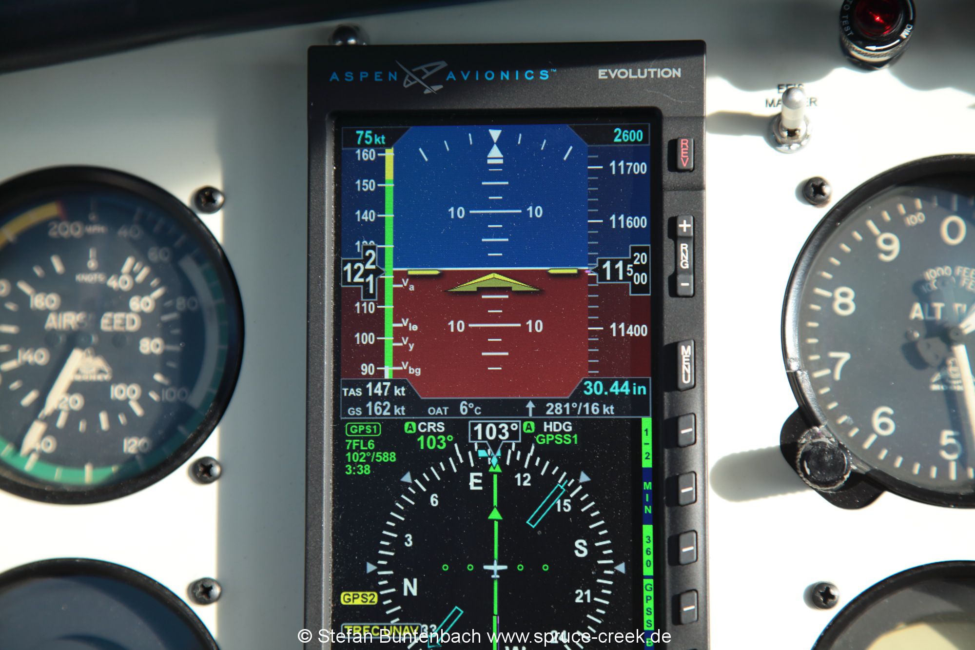 147 KTS True Airspeed (TAS) in 11500 feet displayed on the Aspen 1000 Pro PFD shwos that the Mooney M20 F N6377Q is a good airplane for long distance travel. --- Mooney M20F IMG_1101