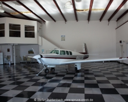 Mooney M20 F, N6377Q, resting in a very nice hangar in the Spruce Creek Fly in Community near Daytona Beach in Florida. --- Mooney M20F IMG_1541